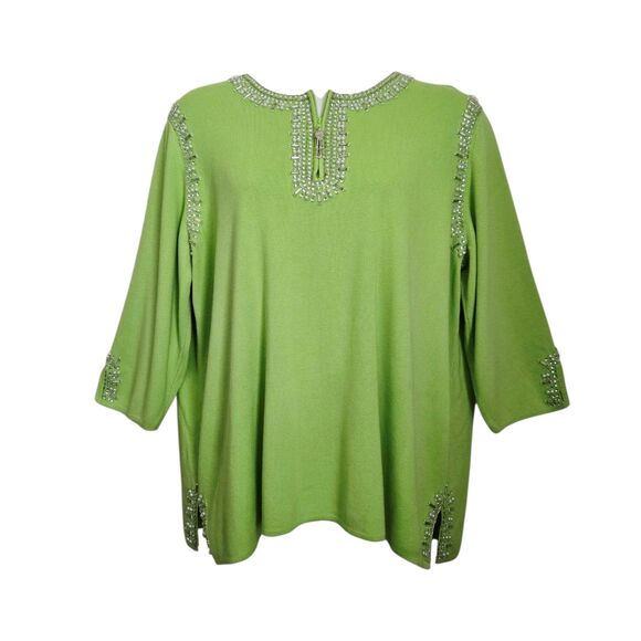 Quacker Factory Lime Green Pullover Sweater Pearl Beads Plus Size 3X - Picture 2 of 10